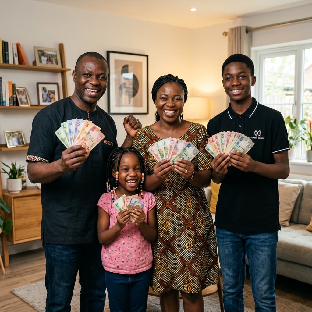 Happy family celebrating cash rewards